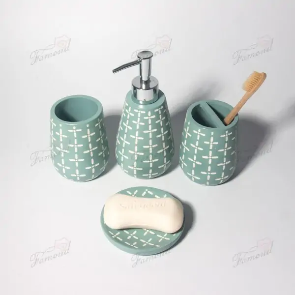 Mint Green and Textured White 4-Piece Bathroom Set Recessed Cross Pattern Accents