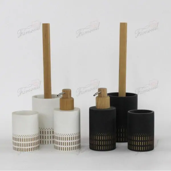 Recessed Gold Geometric Resin Bathroom Set with Bamboo Pumps and Toilet Brush