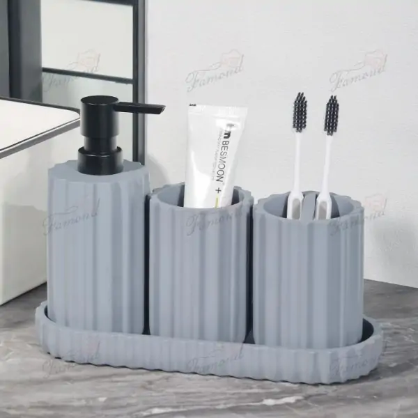 4-Piece Wavy Stripe Bathroom Organizer Set - Minimalist Grey/Black Resin Essentials