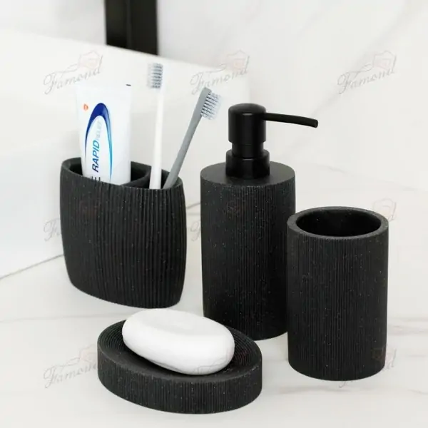 5-Piece Black Striped Bathroom Organizer Set with Matching Black ABS Pumps