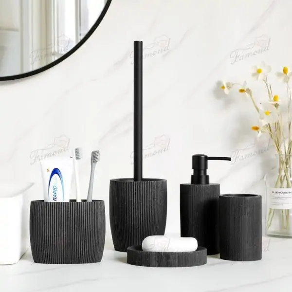 5-Piece Black Striped Bathroom Organizer Set with Matching Black ABS Pumps