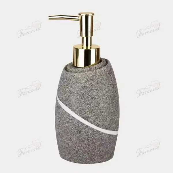 Charming Resin Bathroom Set Yellow Beige Sandstone and Gray Design with Gold Pump