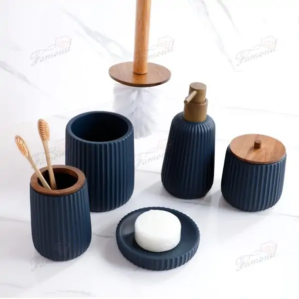 Navy Blue and Acacia Wood Bathroom Set 5-Piece Cotton Jar and Dispenser Macthed Water Transfer Pumps