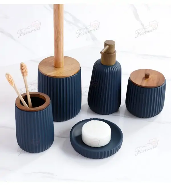 Navy Blue and Acacia Wood Bathroom Set 5-Piece Cotton Jar and Dispenser Macthed Water Transfer Pumps