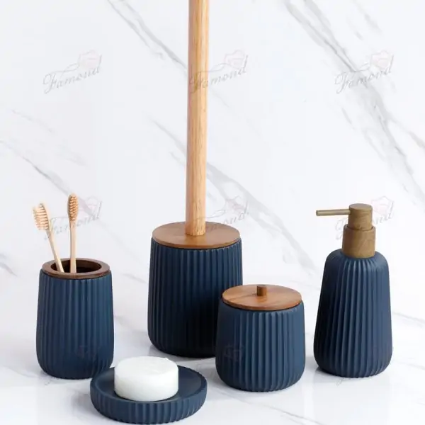 Navy Blue and Acacia Wood Bathroom Set 5-Piece Cotton Jar and Dispenser Macthed Water Transfer Pumps