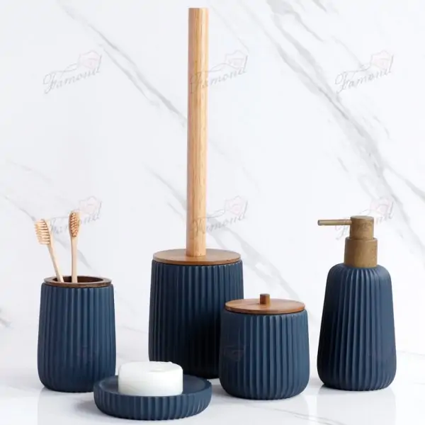 Navy Blue and Acacia Wood Bathroom Set 5-Piece Cotton Jar and Dispenser Macthed Water Transfer Pumps