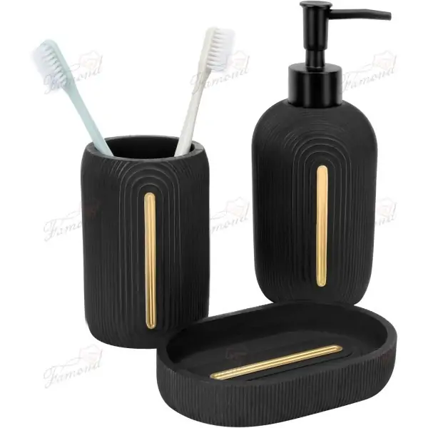 Elliptical Ring-Shaped Bathroom 3-Piece Set Black & Gold Elegant Collection with Hand-Painted Design