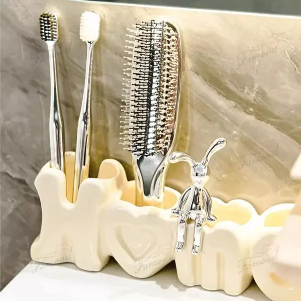 HOME Alphabetic Toothbrush Holder Dispenser  Decorative Functional 3-Pcs Set Diatomite Board or Tray