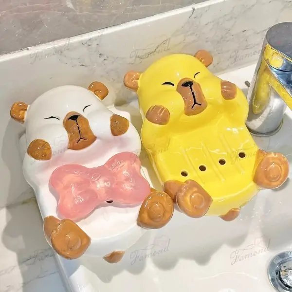 Cute Capybara-Shaped Liquid Dispenser Bottle and Soap Dish Set - White and Yellow Color Options Customizable Colors Available