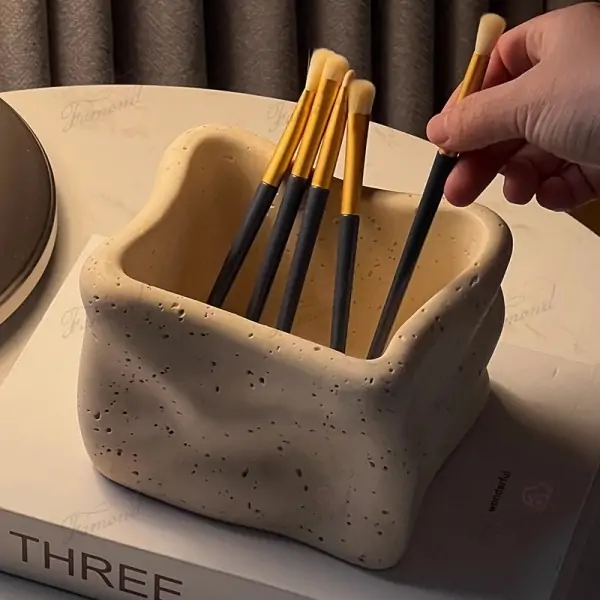 Irregular Hole Square Stone Storage Box Resin Handicraft Desk Organizer for Makeup Brushes and Pens