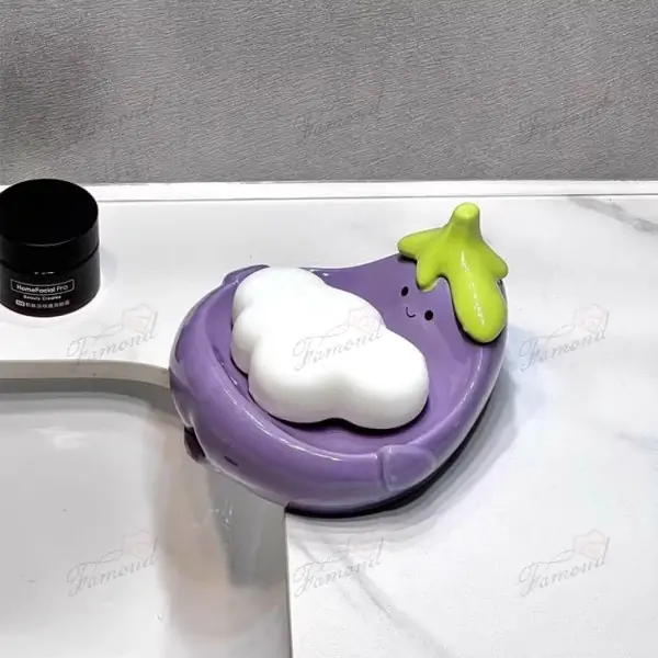 Colorful Kids Bathroom Set - Vibrant Purple Eggplant-Shaped Dispenser Bottles and Soap Dish