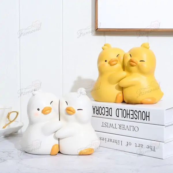 Handcrafted Painted Resin Cute Hugging Duck Bookends - Adorable Desk and Shelf Decor for Kids