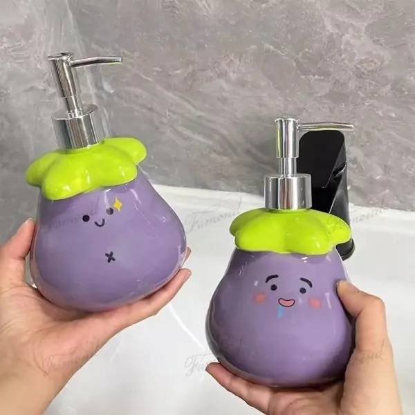 Colorful Kids Bathroom Set - Vibrant Purple Eggplant-Shaped Dispenser Bottles and Soap Dish