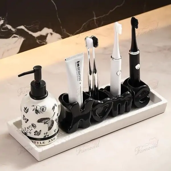 HOME Alphabetic Toothbrush Holder Dispenser  Decorative Functional 3-Pcs Set Diatomite Board or Tray