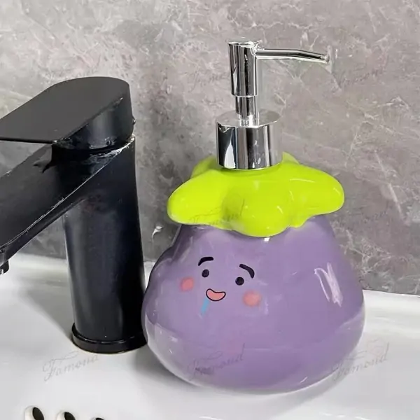 Colorful Kids Bathroom Set - Vibrant Purple Eggplant-Shaped Dispenser Bottles and Soap Dish