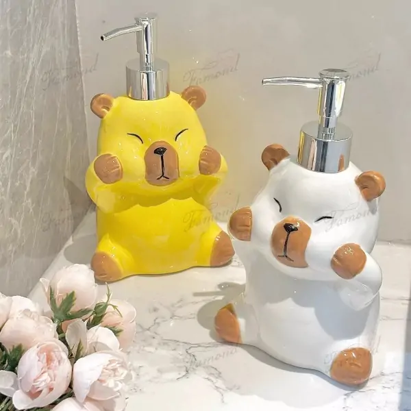 Cute Capybara-Shaped Liquid Dispenser Bottle and Soap Dish Set - White and Yellow Color Options Customizable Colors Available