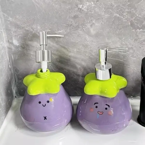 Colorful Kids Bathroom Set - Vibrant Purple Eggplant-Shaped Dispenser Bottles and Soap Dish