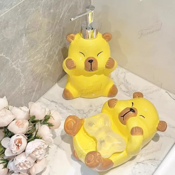 Cute Capybara-Shaped Liquid Dispenser Bottle and Soap Dish Set - White and Yellow Color Options Customizable Colors Available