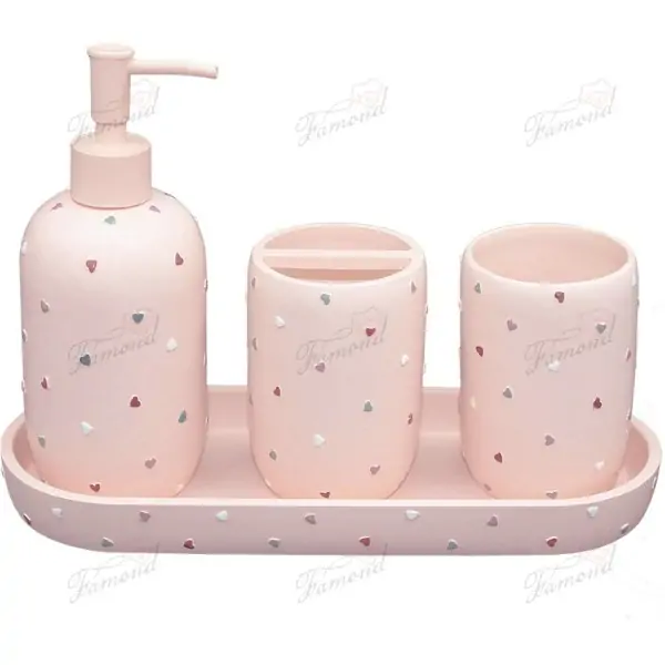 Cute Pink Heart-Shaped Resin Bathroom Set Colorful 4-Piece Tray for Kids