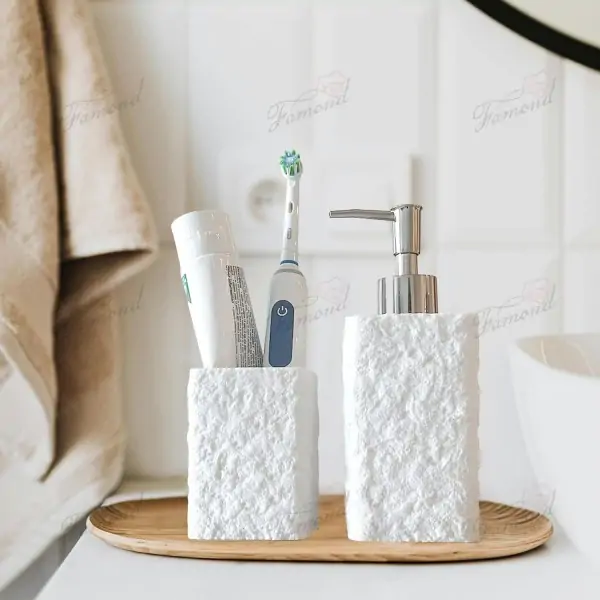 White Marble Resin Bathroom Set - Natural Stone Texture 2-Piece Dispenser Bottle and Cup Set