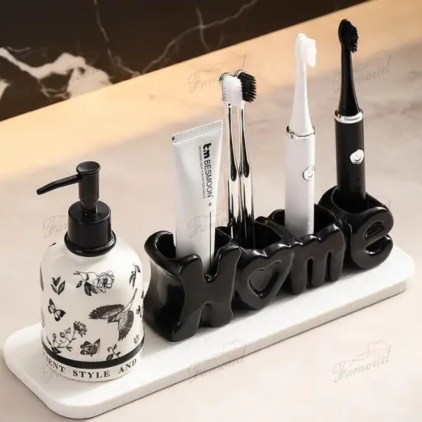 HOME Alphabetic Toothbrush Holder Dispenser  Decorative Functional 3-Pcs Set Diatomite Board or Tray