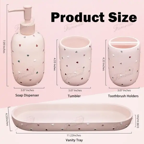 Cute Pink Heart-Shaped Resin Bathroom Set Colorful 4-Piece Tray for Kids