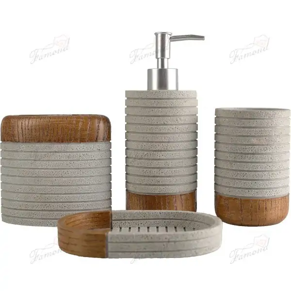 Resin Painted Bathroom 4-Piece Set - Light Gray Stone Painting Bamboo Texture Separate Bottles Toothbrush Holder  Cup Soap Dish