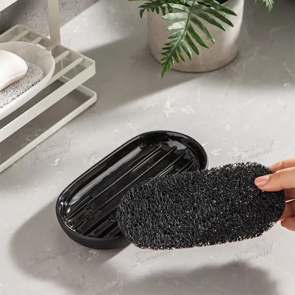 Elegant Oval Bathroom & Kitchen Tray with Raised Lines and Drainage - Minimalist Black or White Monochrome Design