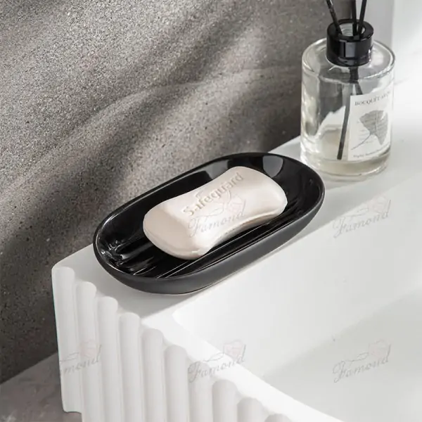 Elegant Oval Bathroom & Kitchen Tray with Raised Lines and Drainage - Minimalist Black or White Monochrome Design