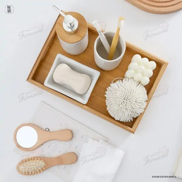 Bamboo Tray with White Bathroom Lotions - Classical Fresh Japanese Style Bath Accessories Set