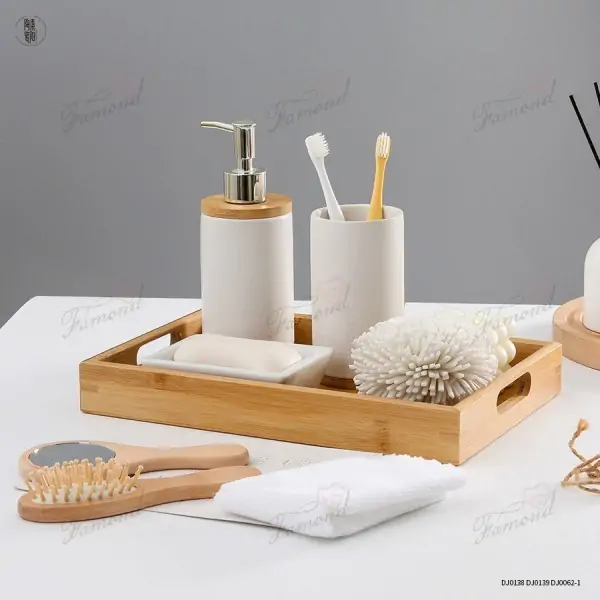 Bamboo Tray with White Bathroom Lotions - Classical Fresh Japanese Style Bath Accessories Set