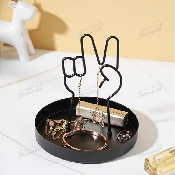 Elegant Black Metal Jewelry Organizer - Iron Enamel Coated Tray with Gesture Display for Necklaces and Earrings