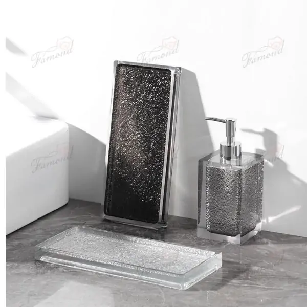 Gray Transparent Resin Lotion Dispenser with Irregular Rock Texture - Black Jewelry Storage Tray Set