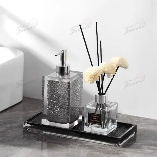 Gray Transparent Resin Lotion Dispenser with Irregular Rock Texture - Black Jewelry Storage Tray Set