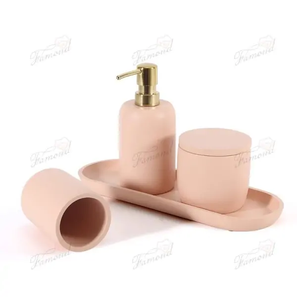 Pastel Pink Bathroom Eco-Resin Four-Piece Set - Classic Cylindrical Dispensers Cups Cotton Jars and Trays