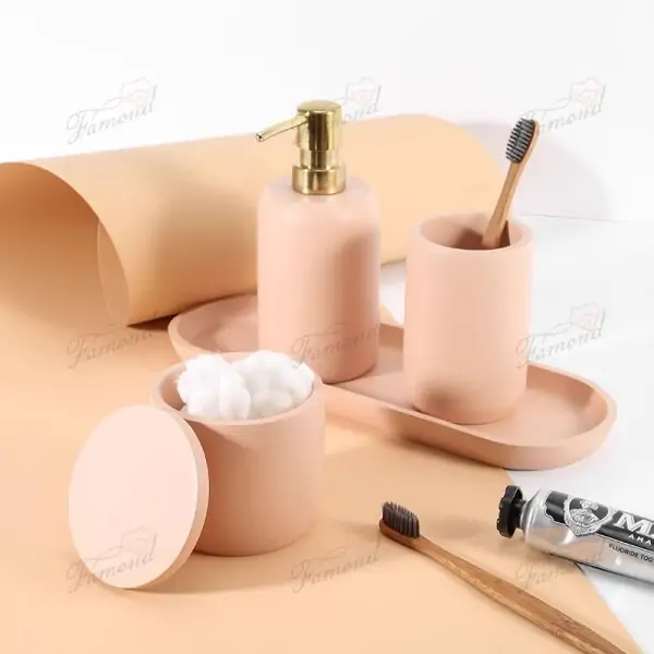 Pastel Pink Bathroom Eco-Resin Four-Piece Set - Classic Cylindrical Dispensers Cups Cotton Jars and Trays