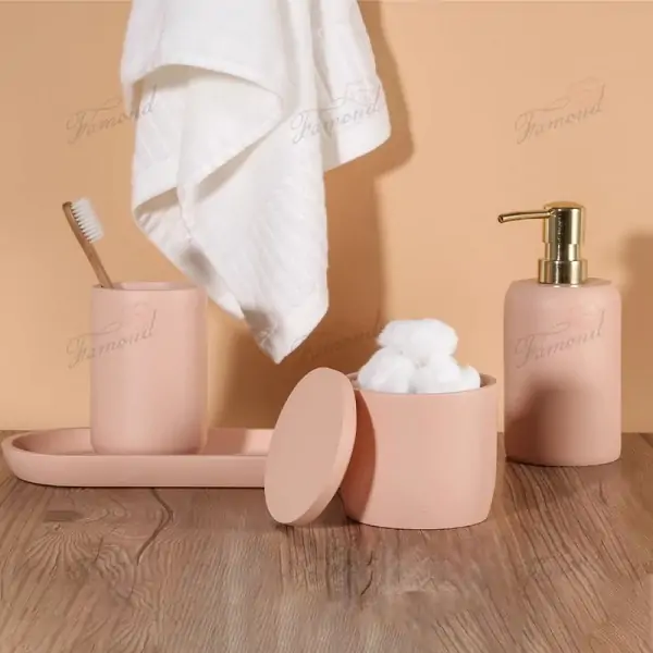 Pastel Pink Bathroom Eco-Resin Four-Piece Set - Classic Cylindrical Dispensers Cups Cotton Jars and Trays